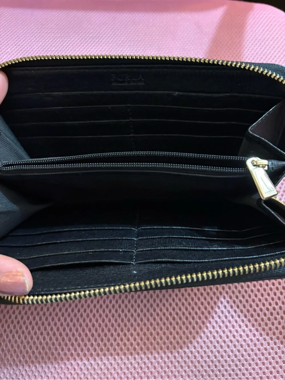 FURLA Babilon Continental Black Pebbled Zip Wallet with Gold Plaque
